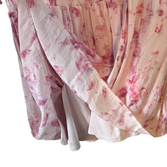 Pink & White Floral Dress Ruffled Neckline Smocked Waist Puff Sleeves, Romantic - Picture 4 of 7